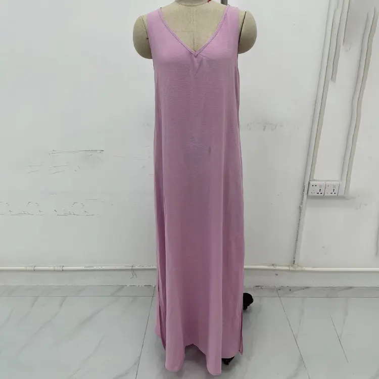 Women's Solid Color Elegant V-neck Sleeveless Long Dress, Ladies Purple Casual Split Hem Dress For Summer & Spring