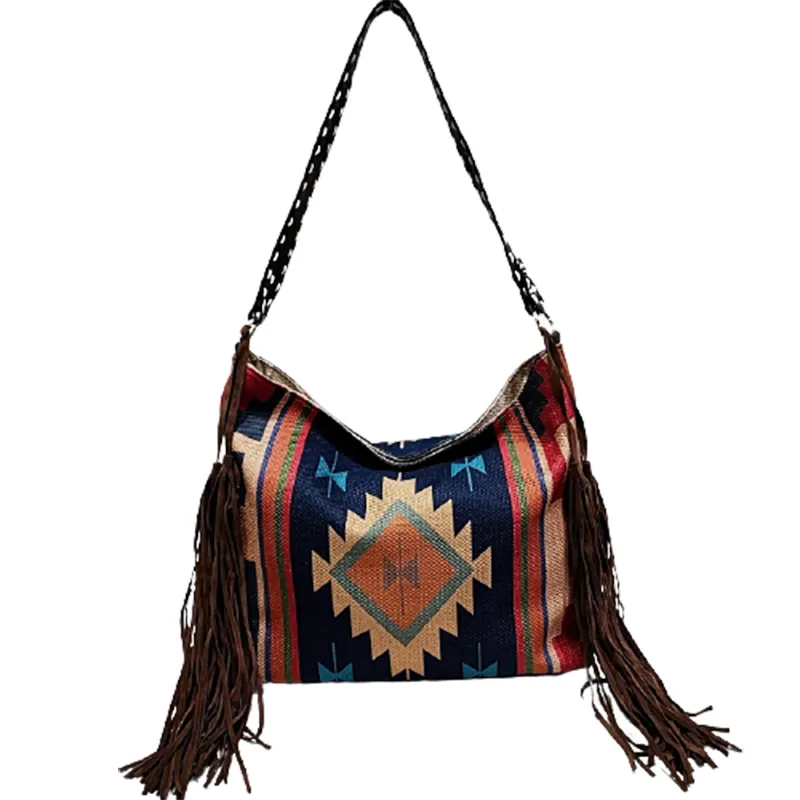2021 yeni kadın Vintage Bohemia etnik geometrik baskılı tuval püskül Tote çanta omuzdan askili çanta çanta