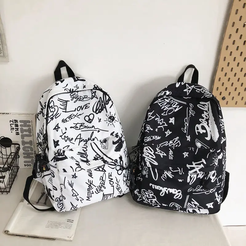 Modern Fashion Graffiti Print Nylon Backpacks Large Capacity High School Teens School Bags 17 Inch Kids Backpack