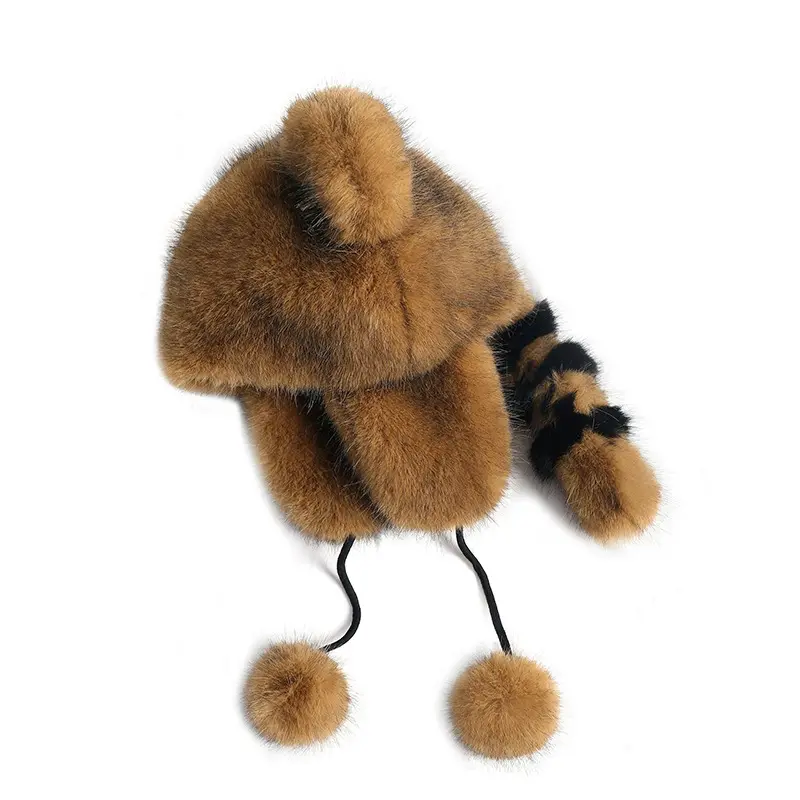 GEERDENG New Bestseller Winter Warm Raccoon Ear Protection Plush Hat Thick Kids and Adults Brown Raccoon Fur Beanie Hats
