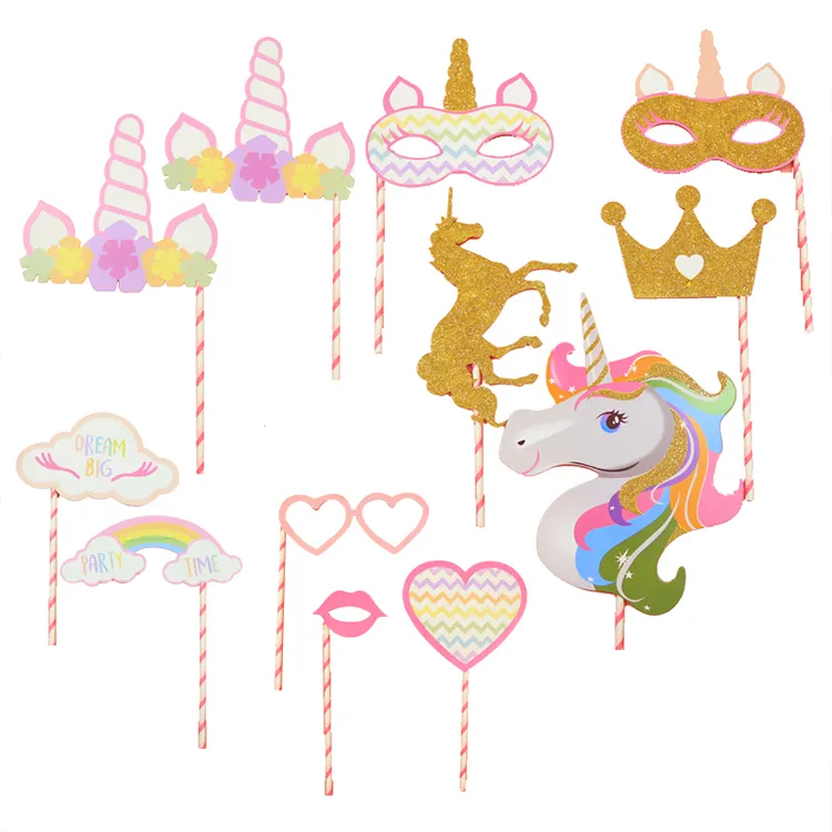 Accesorios de decoración de unicornio para fiestas, conjunto de accesorios para fotos de unicornio, bolsa Opp, decoración de fiesta, suministros para fiestas de eventos CMYK