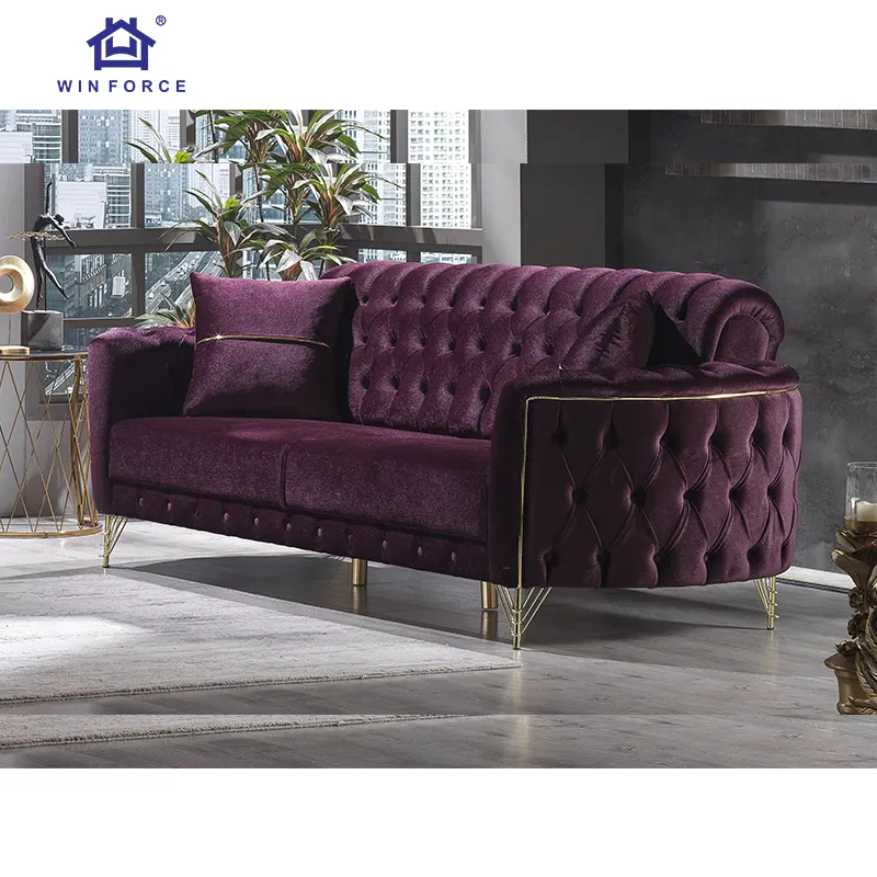 Ensemble de canapés de style nordique fabricant Winforce Chesterfield de luxe tissu de velours violet inclinable meubles de maison canapé de salon