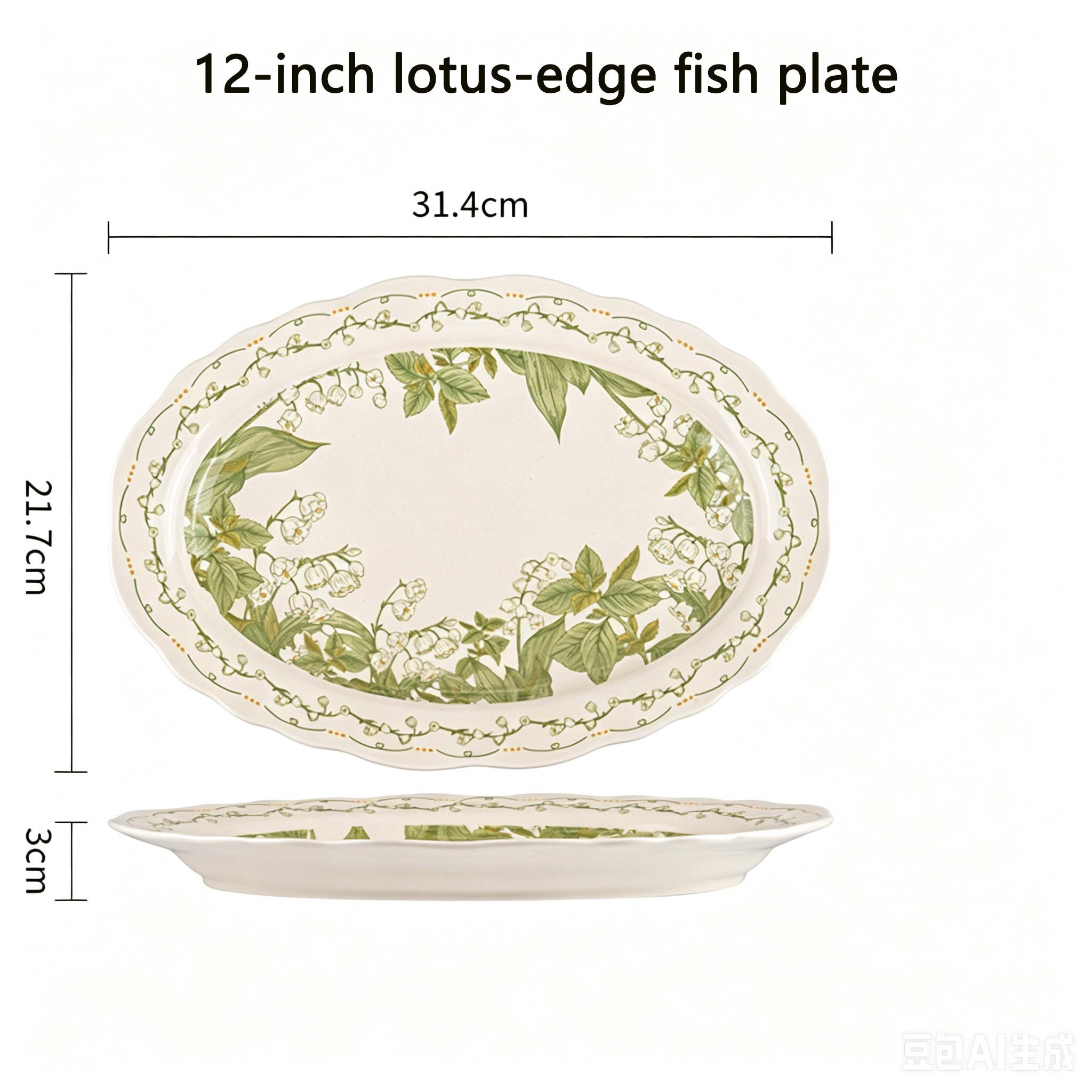 White and green 12-inch lotus-edge fish platter
