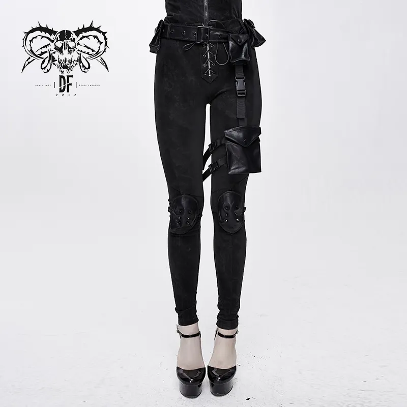 Pantalones ajustados con bolsillos para mujer, pantalón sexy, color negro, con estampado de Diablo, a la moda, elásticos, Ciberpunk, PT102