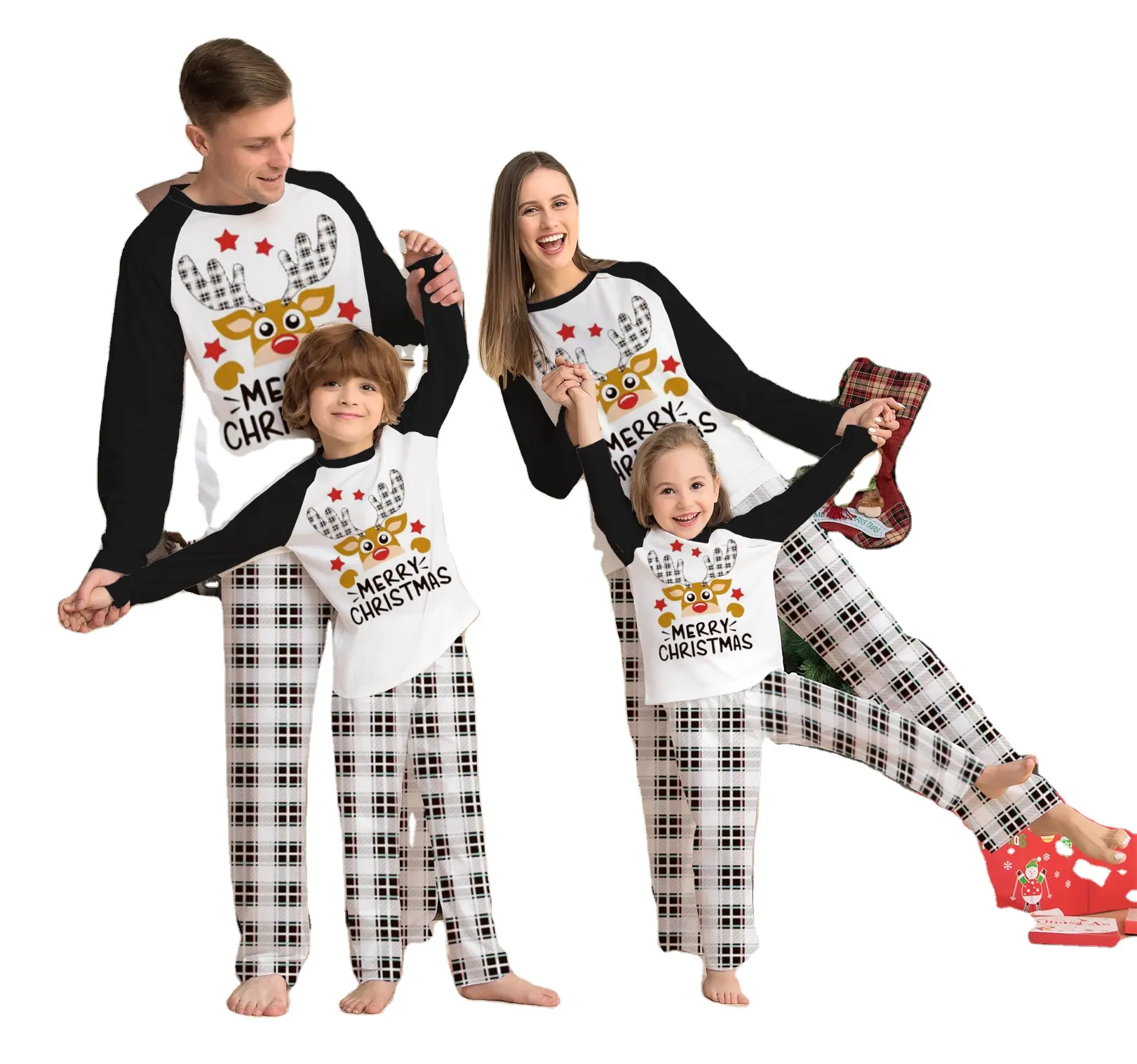 Conjunto de pijama de invierno para padres e hijos, ropa de dormir con estampado de alce a cuadros, con cabeza de ciervo, a juego, para Navidad, dos piezas