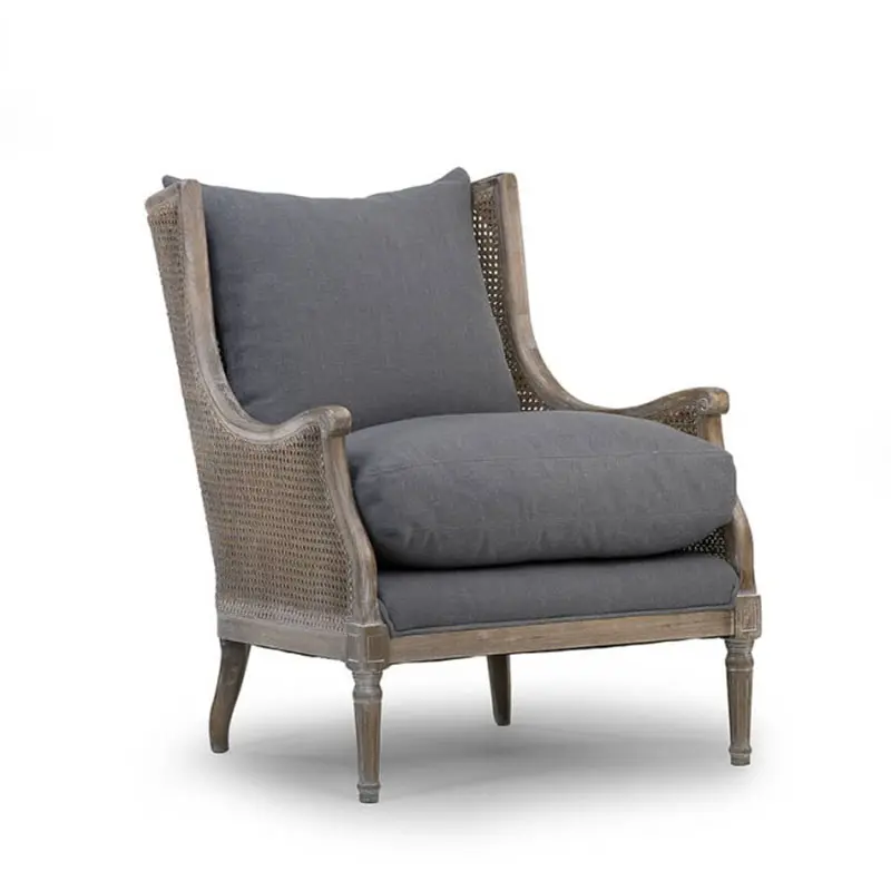 Sofá de brazo de tela de lino de caña de acento de terciopelo de madera de lujo de país francés, sofá individual, sillón para sala de estar