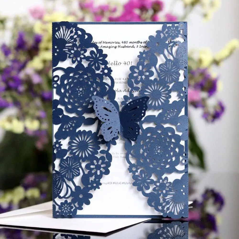 Nuovo matrimonio grazie carta di carta fibbia a farfalla stampa personalizzata inviti di nozze motivo floreale biglietto di auguri tagliato al Laser