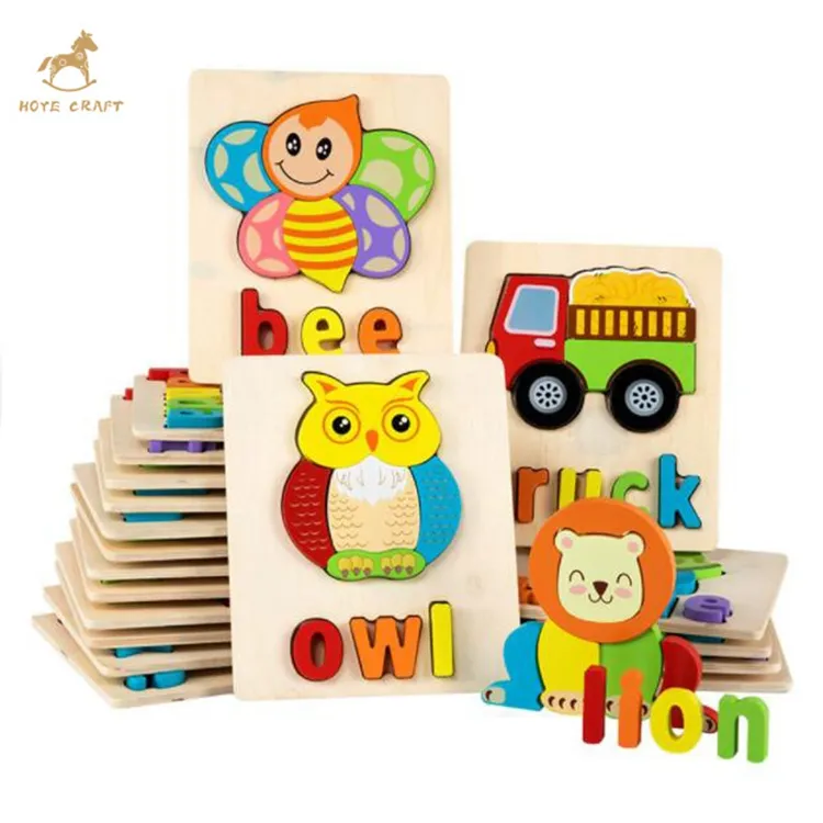 Novo Produto Animal Dos Desenhos Animados E Carta Inglês 3D Puzzles Brinquedos Educativos Quebra-cabeças De Madeira Para Crianças