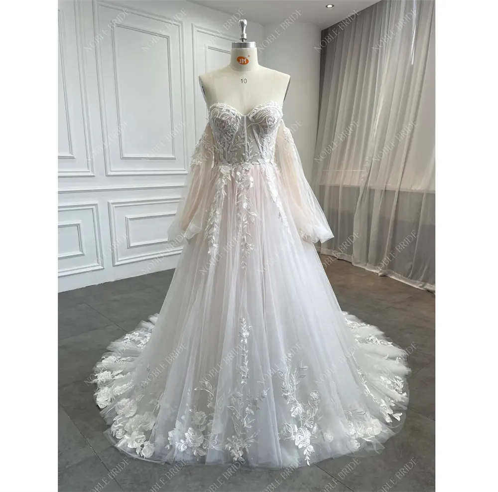 Phụ nữ có thể tháo rời sưng húp tay áo người yêu Blush màu hồng ren long lanh vải tuyn tùy chỉnh Bridal gown