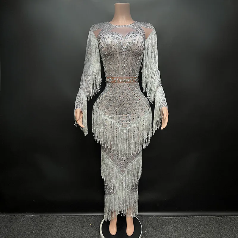 New Fashion Prom Yearly Meeting Senior Gowns Elegant Handmade Long Sleeve Evening Gown Rhinestone Tassel Dresses for Women