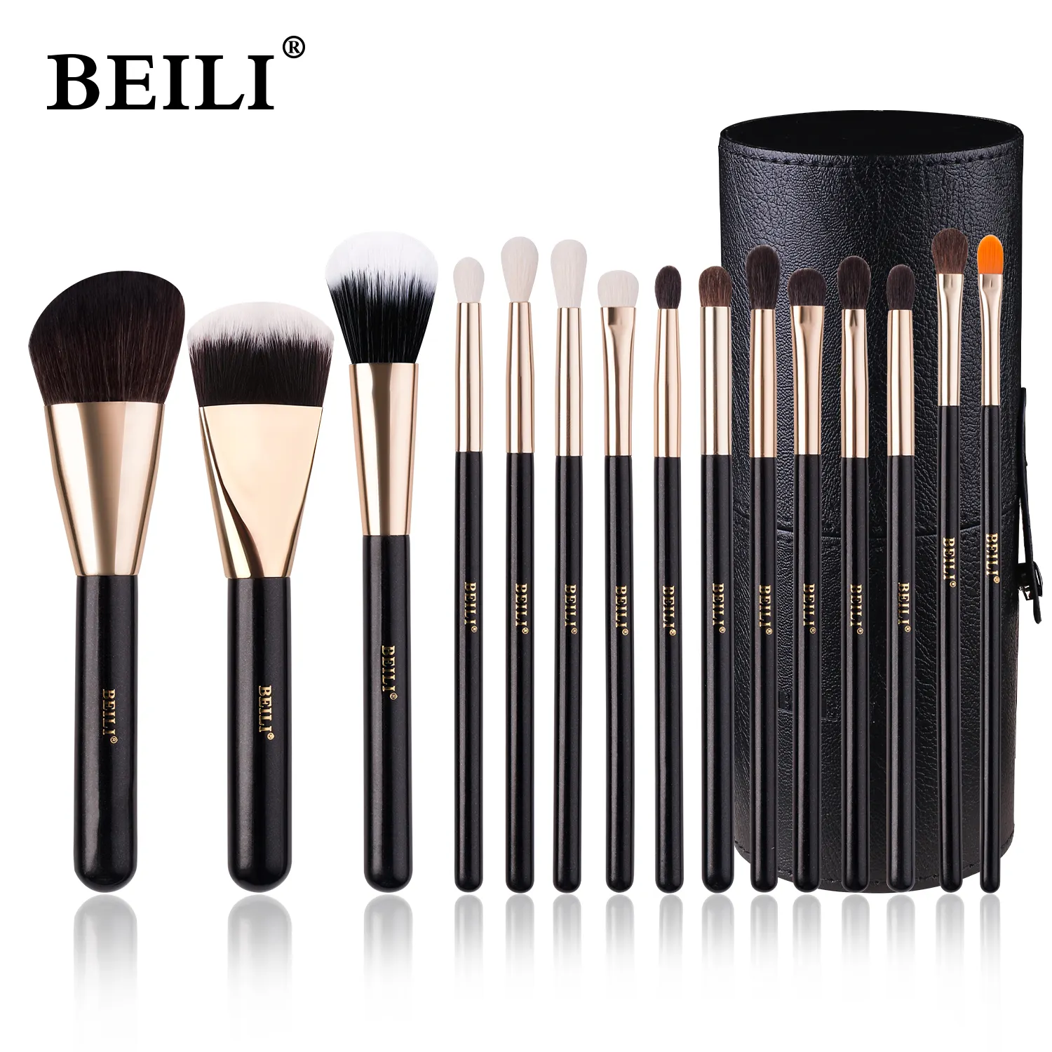 BEILI black high quality 15pcs professional makeup brushes goat hair gold luxury makeup brush set custom packaging with holder