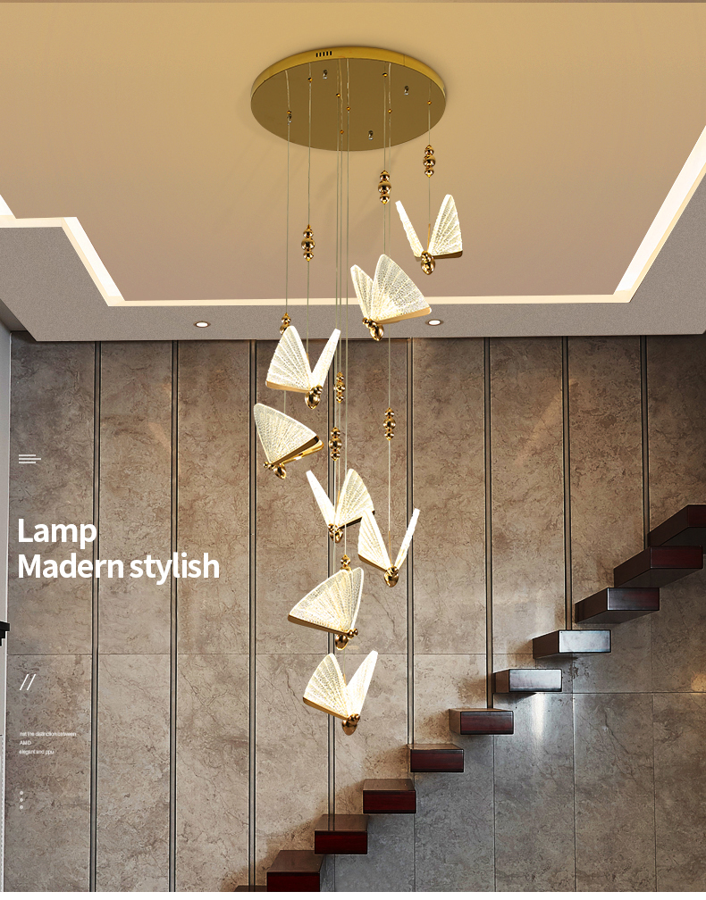 2021 New design morden Luxury restaurant Spiral staircase Duplex floor Butterfly LED pendant light