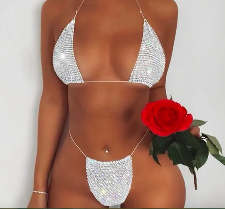 Sexy Bikini de diamantes de imitación de joyería de cuerpo arnés de cadena para las mujeres de cristal de oro de la ropa interior de Bling sujetador y Tanga conjunto