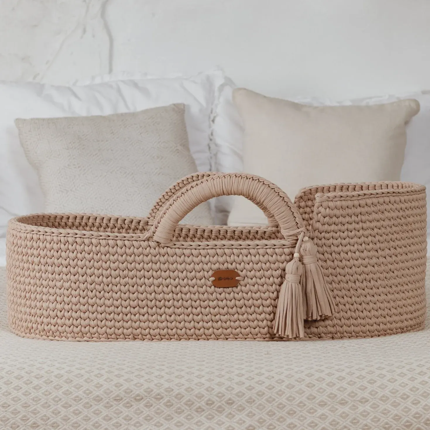 Moïse Panier Nouveau-Né Bassinet Crochet En Beige 100% Coton Corde Bébé Panier À Langer Moïse Panier