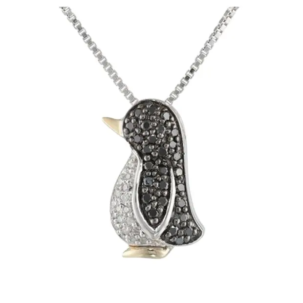 Nero oro 14k& diamanti bianchi pinguino ciondolo collana; micro spianare gioielli in argento