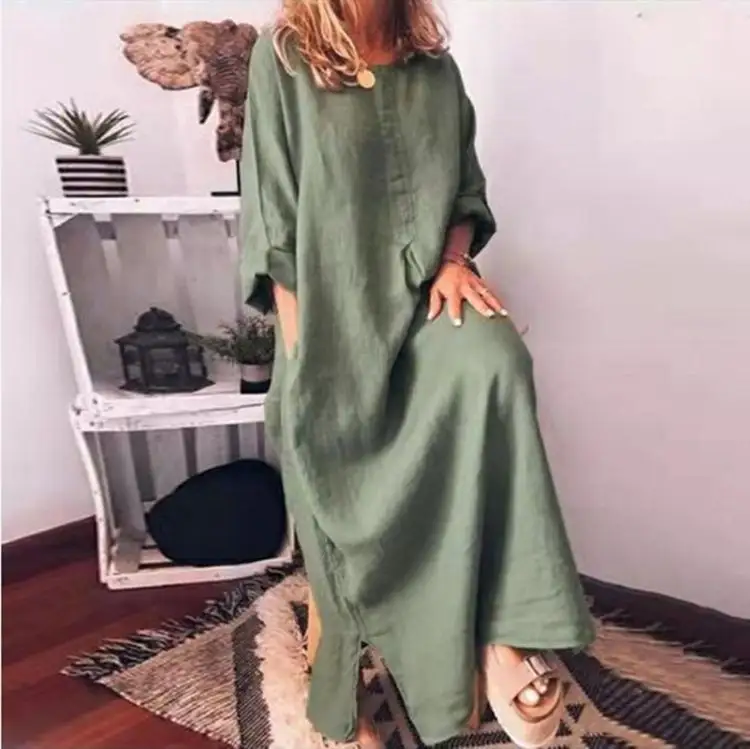 Vestido feminino de linho com bolso, roupa feminina de manga longa e com bolso, recém-chegado, 2021