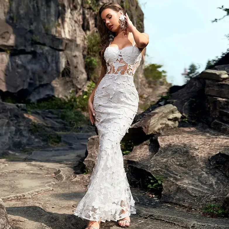 Logo personalizzato signore pizzo modesto sirena abito da sposa elegante senza maniche da donna moderno bianco abiti di lusso per donna elegante
