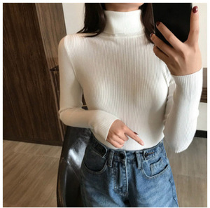 Triko üretici özel sonbahar kış bej polo yaka uzun kollu kaburga örgü kadınlar uzun kazak elbise - Product Image 6