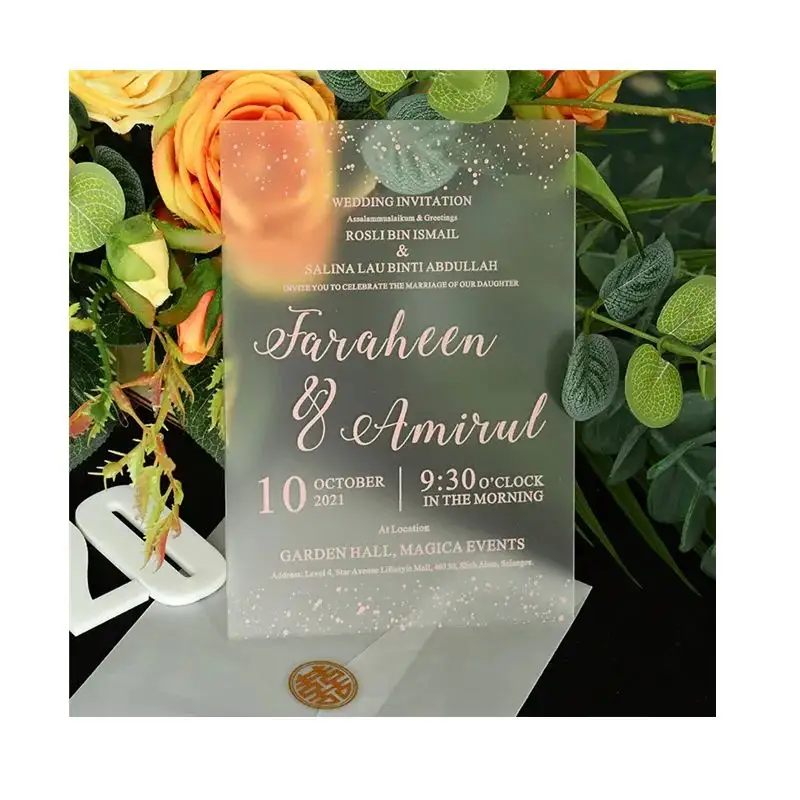 Placa acrílica personalizada de lujo, tarjeta de plexiglás acrílica blanca para invitación de boda, transparente, con caja, venta al por mayor