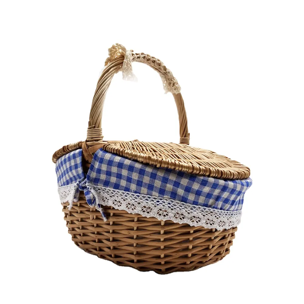 2023 Lino de algodón ecológico de alta calidad con cesta de picnic de mimbre de color marrón