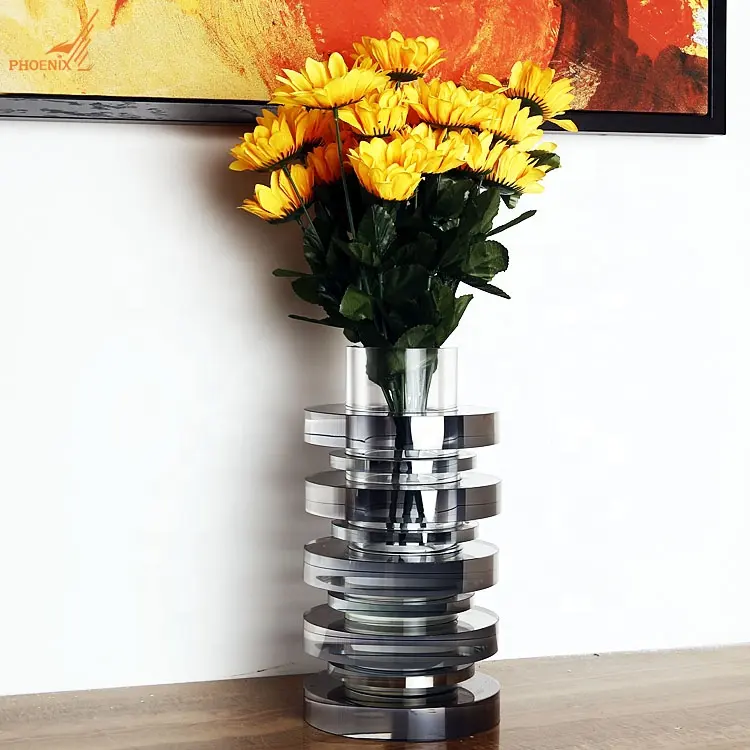 Pujiang-florero de cristal para decoración del hogar, jarrón gris ahumado de gran cilindro moderno