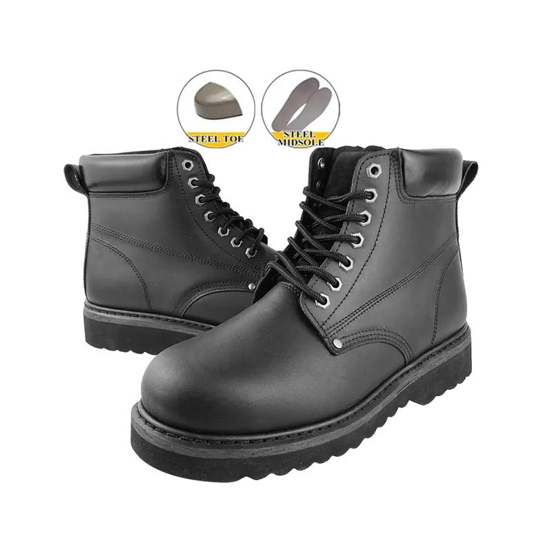 블랙 스타일 와이드 스틸 발가락 모자 안전 신발 남성 부츠 생산 기계 패션 와이드 핏 Goodyear 용접 가죽 위 EVA 밑창