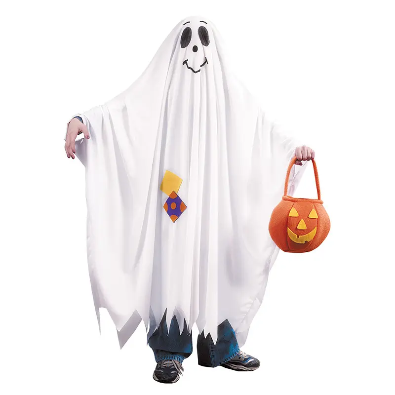 Capa larga de fantasma para niños y niñas, disfraz de Halloween con borlas blancas para espectáculo y fiesta de Cosplay