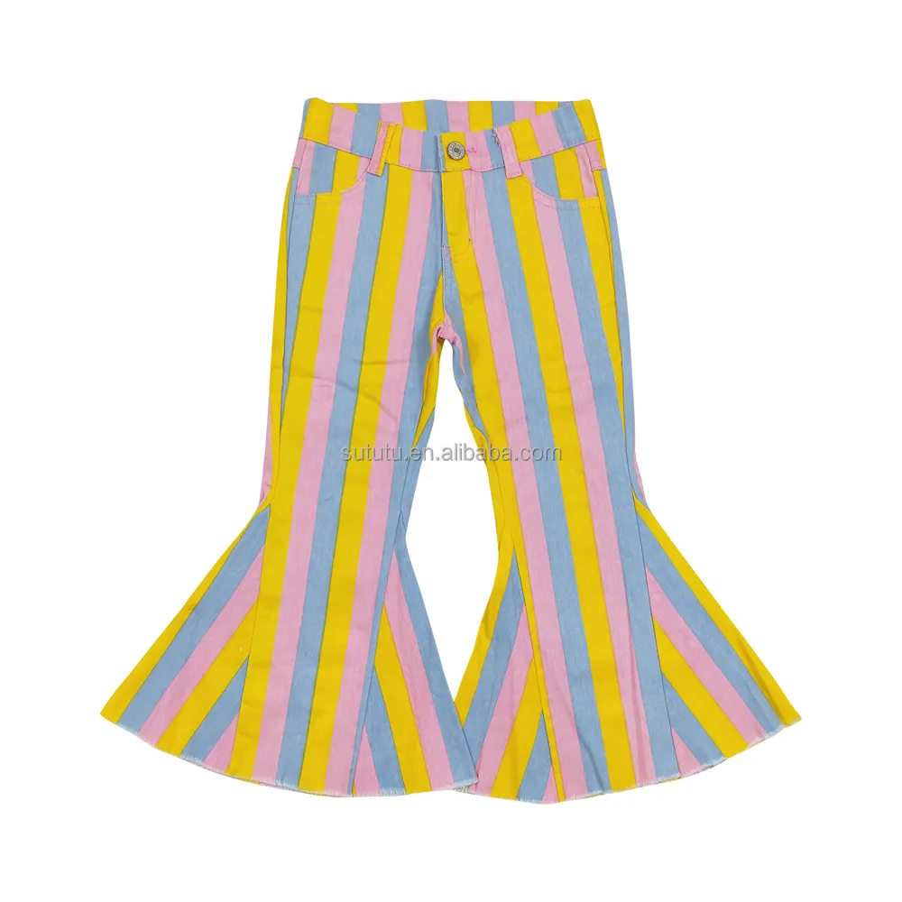 2024 Boutique quần áo quốc gia bé gái chất lượng cao mềm phục sinh màu sọc chuông đáy quần denim quần Flare quần