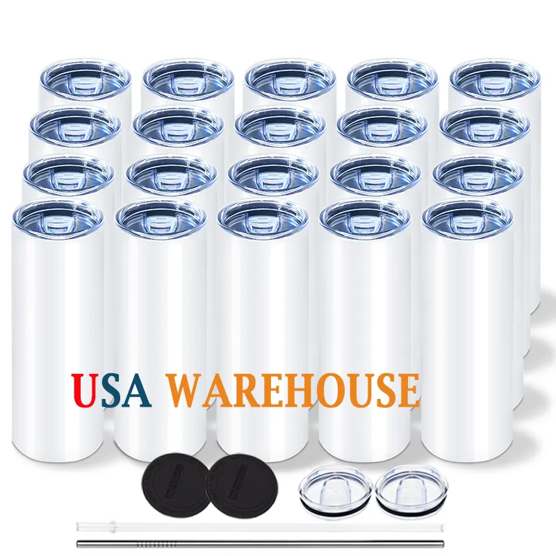 US Warehouse Stainless Steel Insulated Sublimation Mugs 20 Oz Skinny Blank Sublimation Tumblers with straw and lids