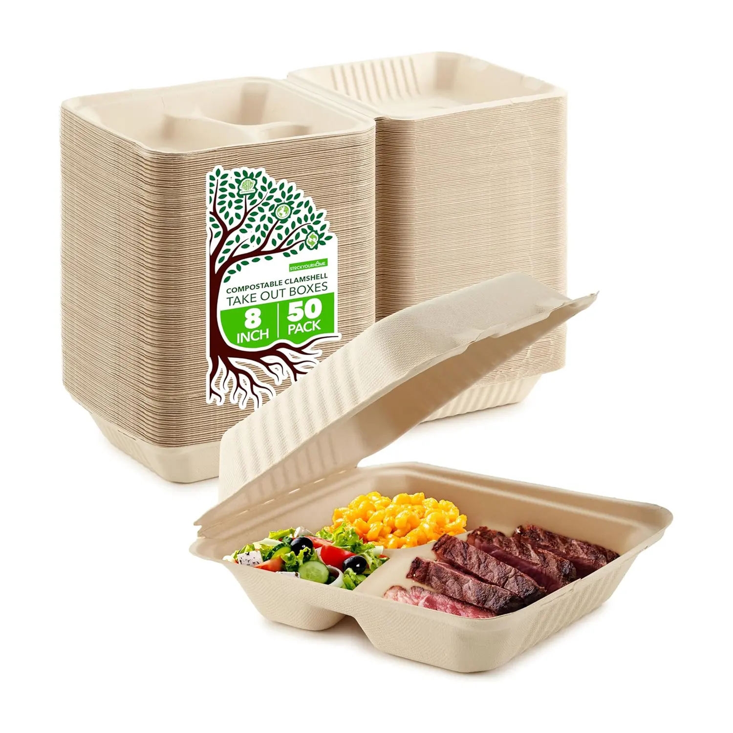 Биоразлагаемая раскладушка для еды, контейнеры для еды 8x8, Ланч-бокс, 3 отсека для еды, коробки для еды с крышками