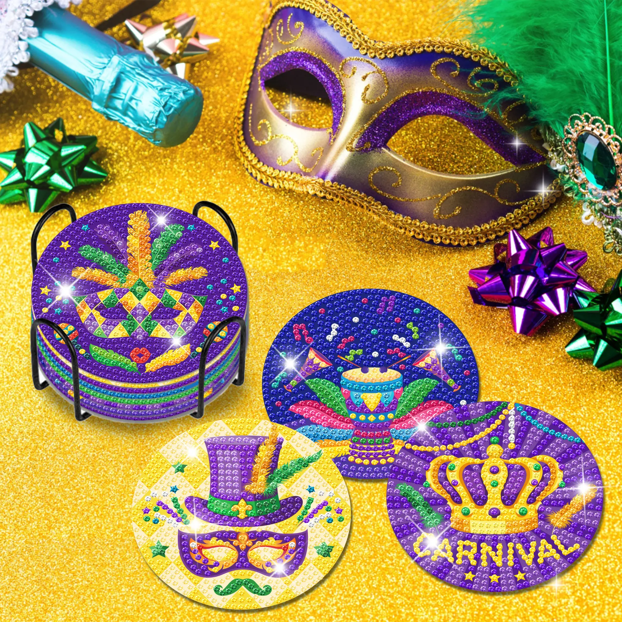 Mardi Gras New Orleans Carnival Party DIY Diamond Acrylic Art Painting Coasters Set con soporte para Masquerade Party