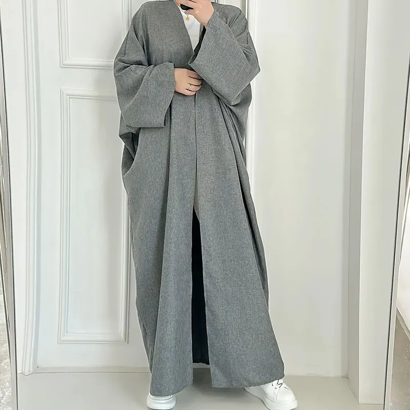 Semplice cotone causale in lino aperto abaya personalizzabile in lino abayas kimono dubai turchia muslim davanti abito aperto