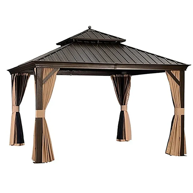 Pátio ao ar livre Moldura de Alumínio Preto Hardtop Gazebo com 2-Camadas de Telhado de Aço Rust-Resistente