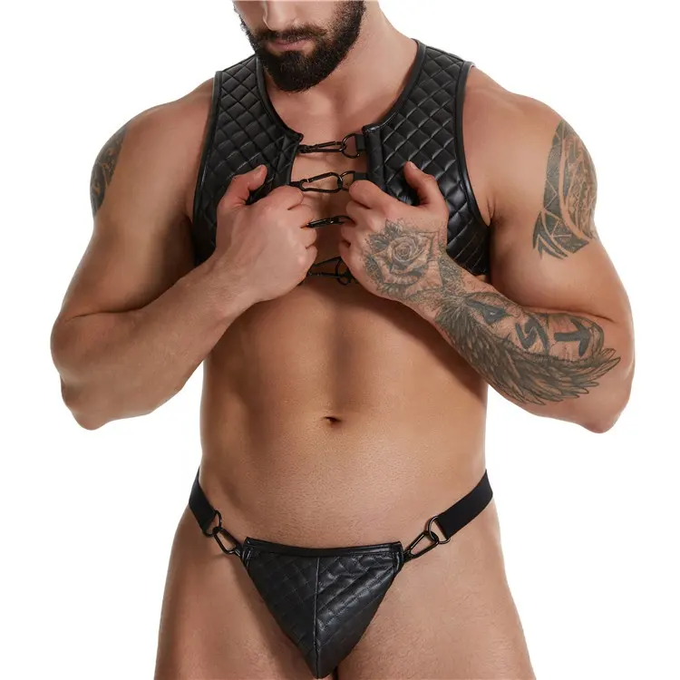 Mens Sexy Jockstraps maschio nero costumi Sexy Gay Club Leather Harness Suit