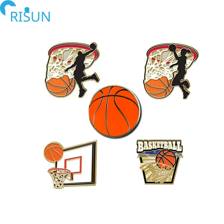 Vente en gros en métal de dessin animé drôle de Basket-Ball en émail Badge broche Logo personnalisé panier de Sport avec balle de Basket-Ball en émail épingle de revers