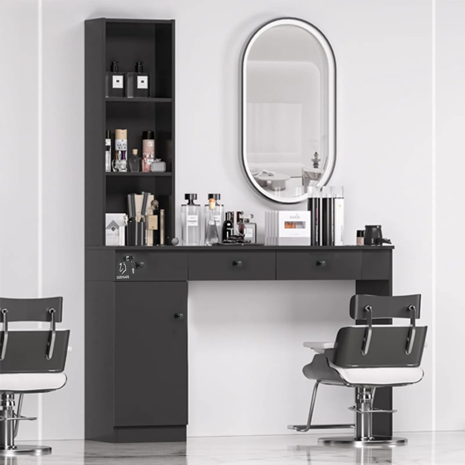 Furnitur salon kecantikan mewah cermin rias wajah stasiun cermin kustom hitam