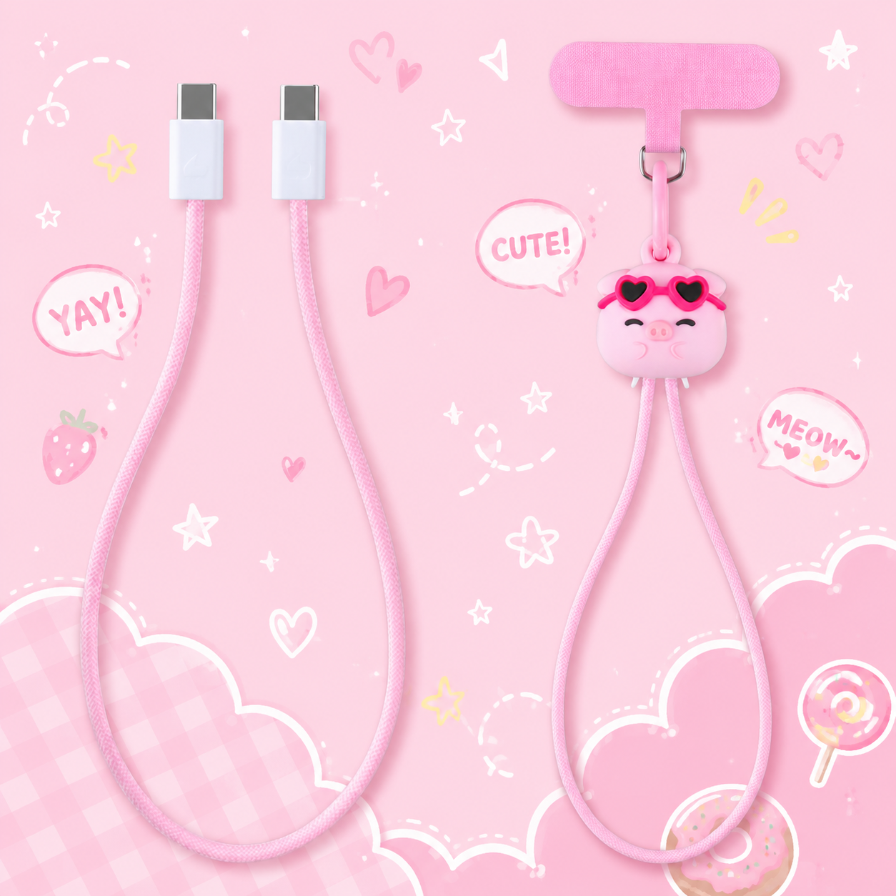 Pink Pig Wrist Strap Lanyard 60W Fast Charging Cable
