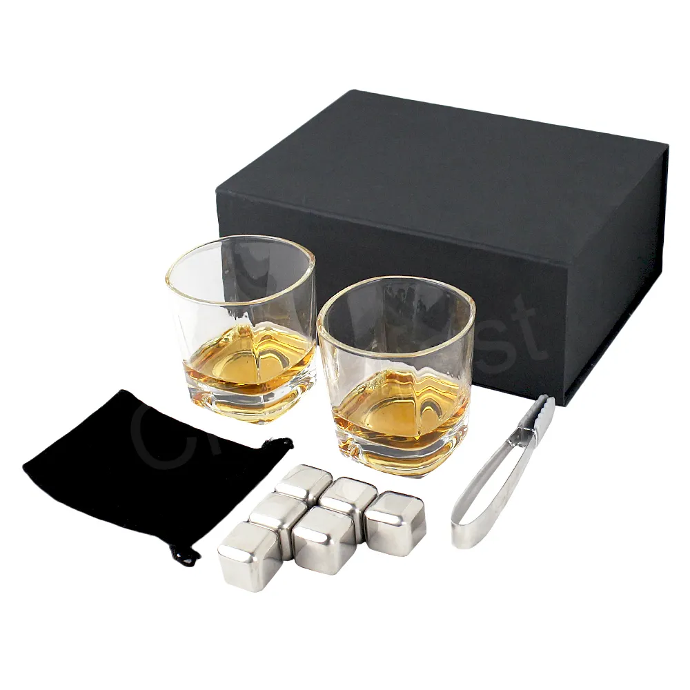Whisky personalizzato raffreddamento cubetti di ghiaccio in acciaio inossidabile pietra metallo argento 6 pezzi whisky pietra refrigerante con Set regalo in vetro