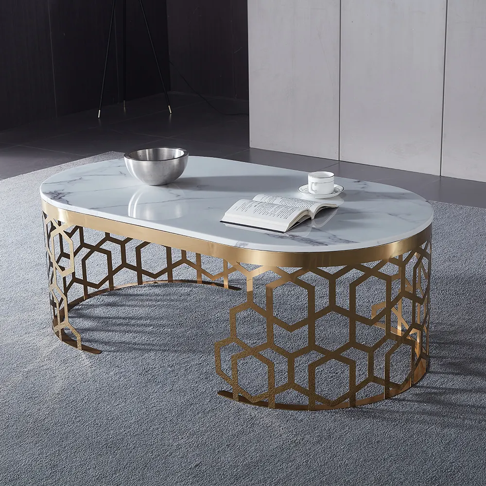 Conjunto de mesa de café quarto dourado, mesa central de aço inoxidável com mármore ou vidro