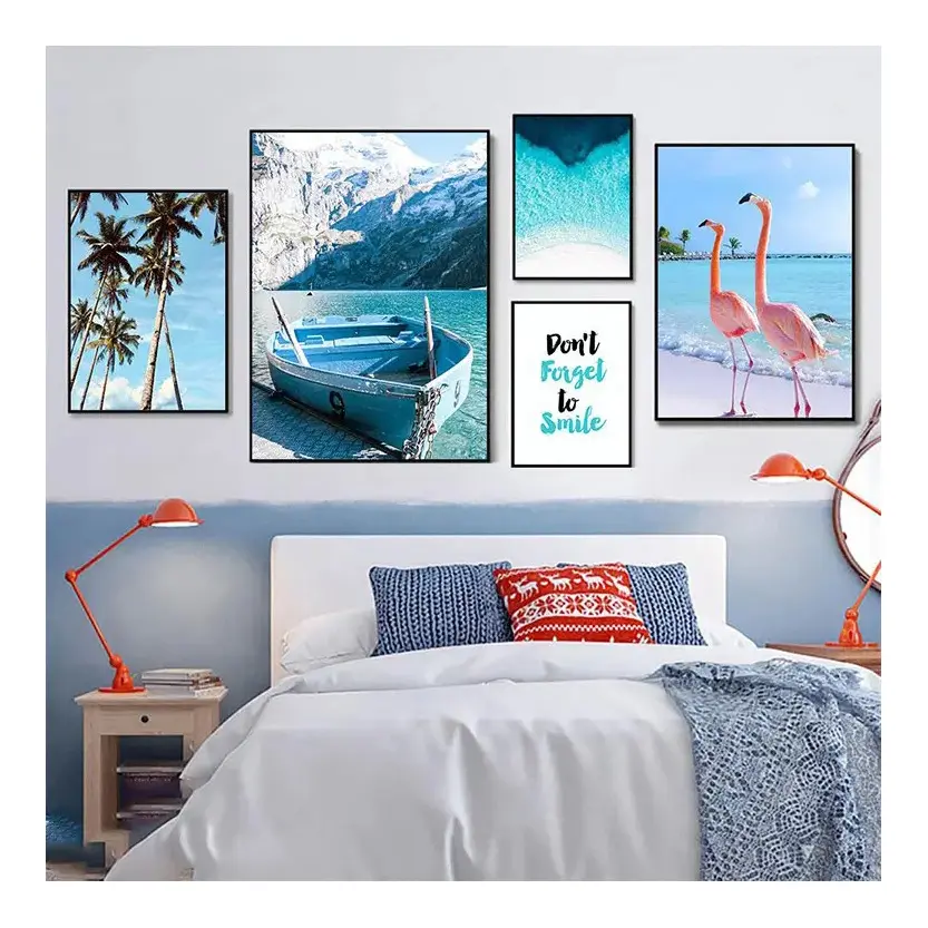 Nordic Beach Seascape Art Prints Poster Blue Boat Flamingo Palm Tree Canvas Painting decorativo per soggiorno