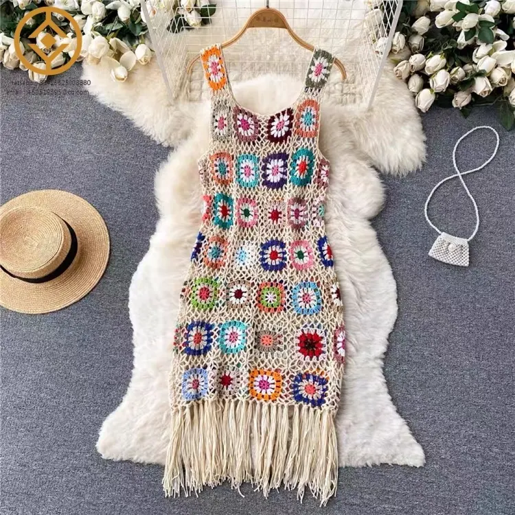 Vestido de praia longo com biquíni e borla, blusa de crochê colorida vintage feminina de verão