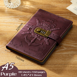 3D relieve retro A5 bloqueo de contraseña cuaderno de núcleo interno multifuncional creativo estudiante Libreta de cuero diario al por mayor - Product Image 6