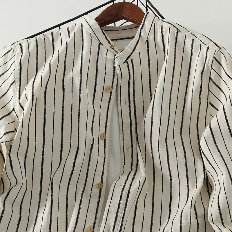 Camisa de manga larga para hombre con rayas verticales, cuello levantado, tipo de galería bonita, camisa de manga larga suelta para hombre