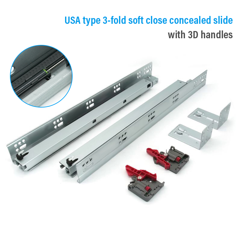 American type 3-fold soft close concealed slide with 3D handles