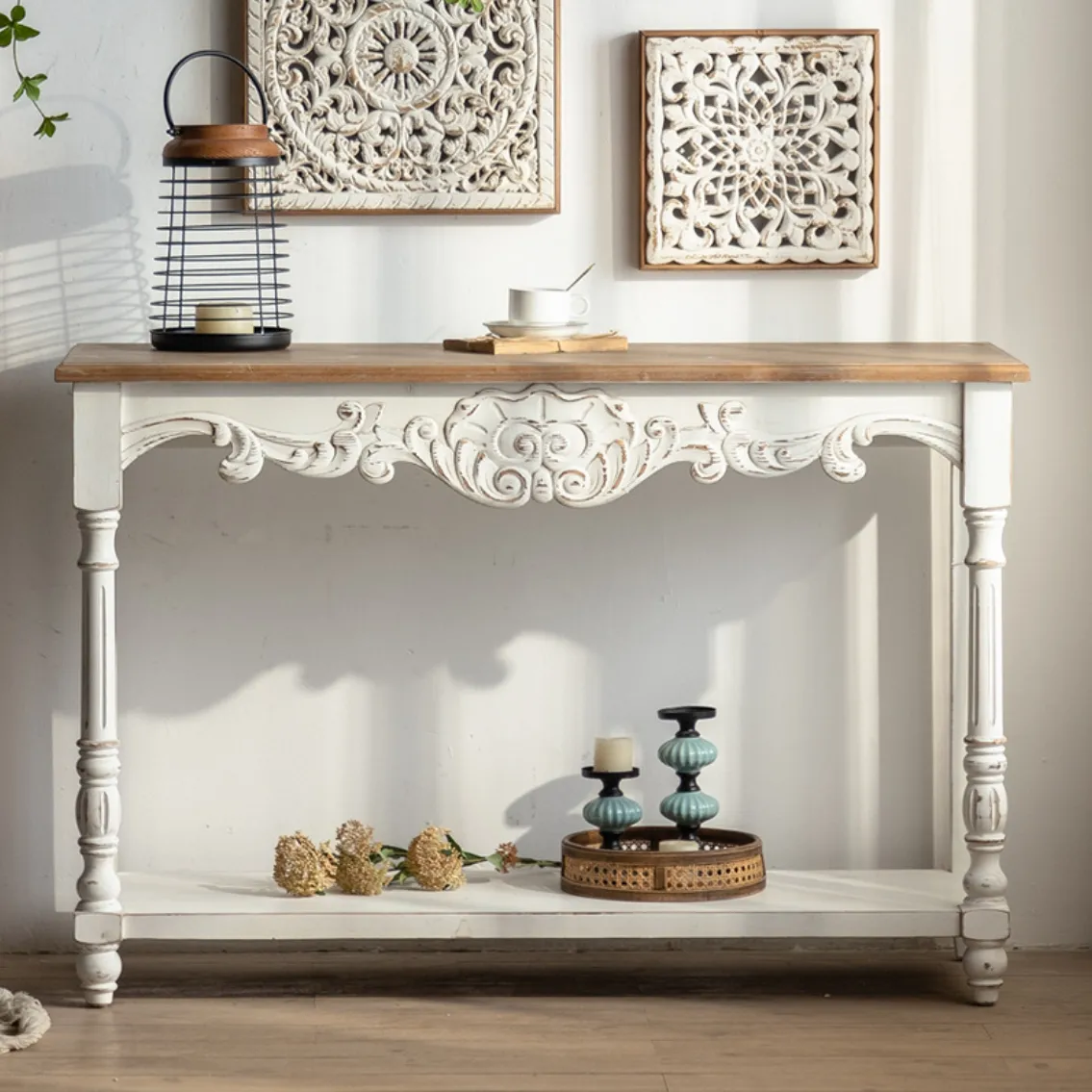 Mesa de console para móveis de sala de estar, decoração rústica antiga europeia para casa, escultura em madeira