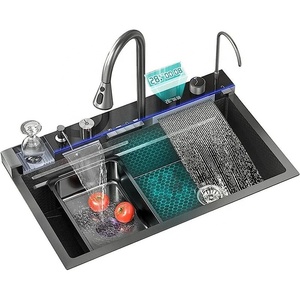 Yüksek kaliteli akıllı 304 paslanmaz çelik siyah LED şelale mutfak lavabo İşlevli ve fincan yıkayıcı ile - Product Image 1