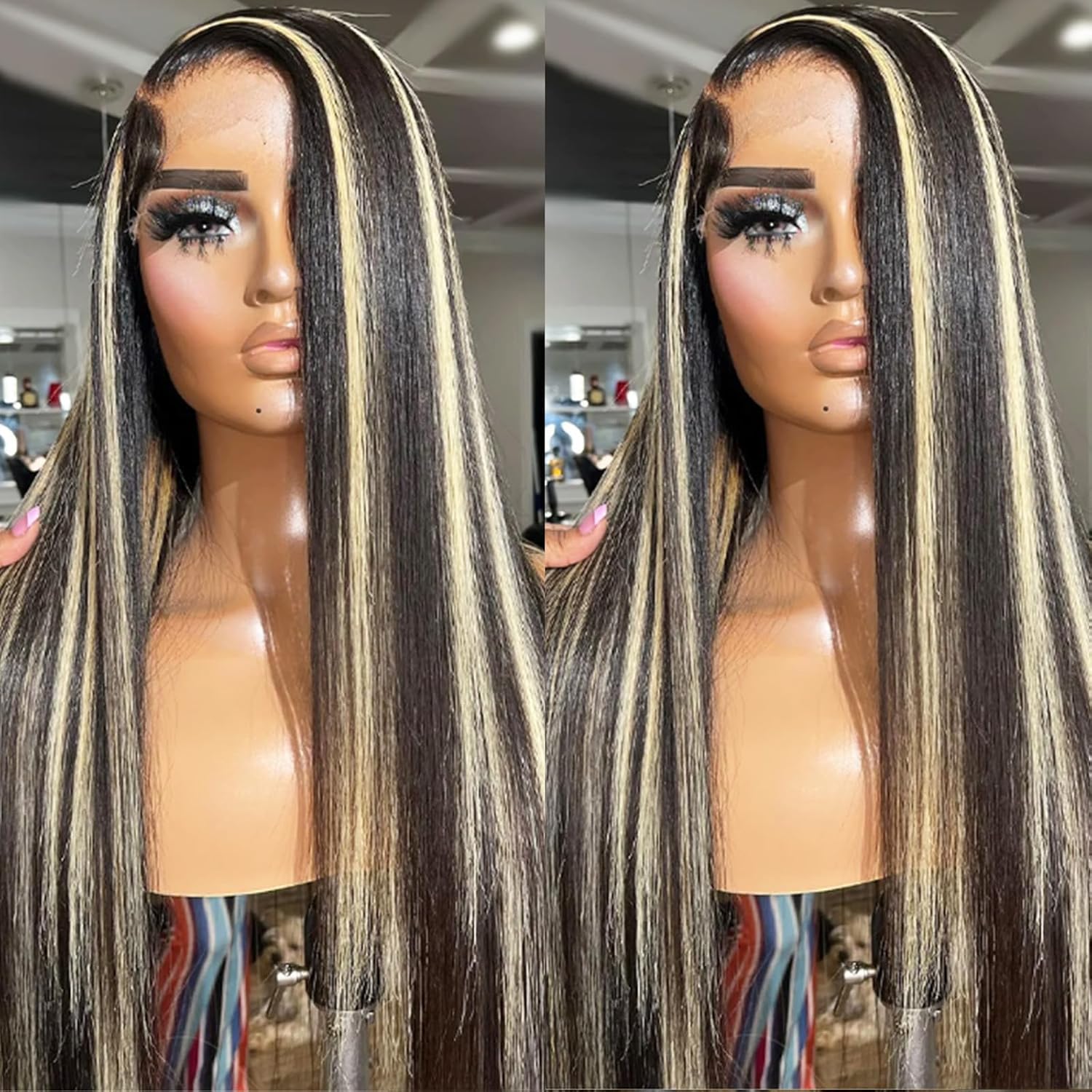 Perruque lisse avec mèches blondes et noires
