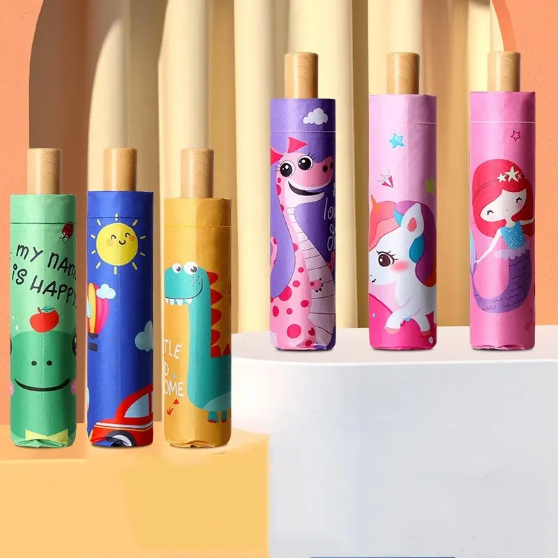 Ventas al por mayor lindo diseño dibujos animados sirena princesa viaje niños paraguas plegado niños Anti UV 3 paraguas plegable de madera