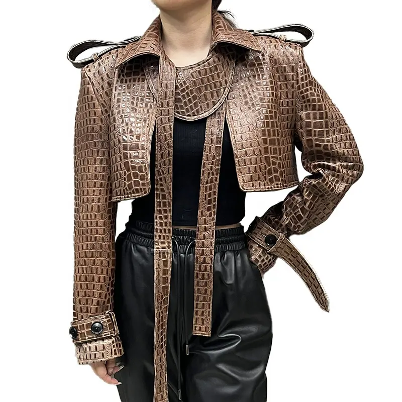 नए डिजाइन मगरमच्छ पैटर्न वास्तविक चमड़े की मोटरसाइकिल कोट शैली महिलाओं के लिए चरखी हुई चमड़े की जैकेट