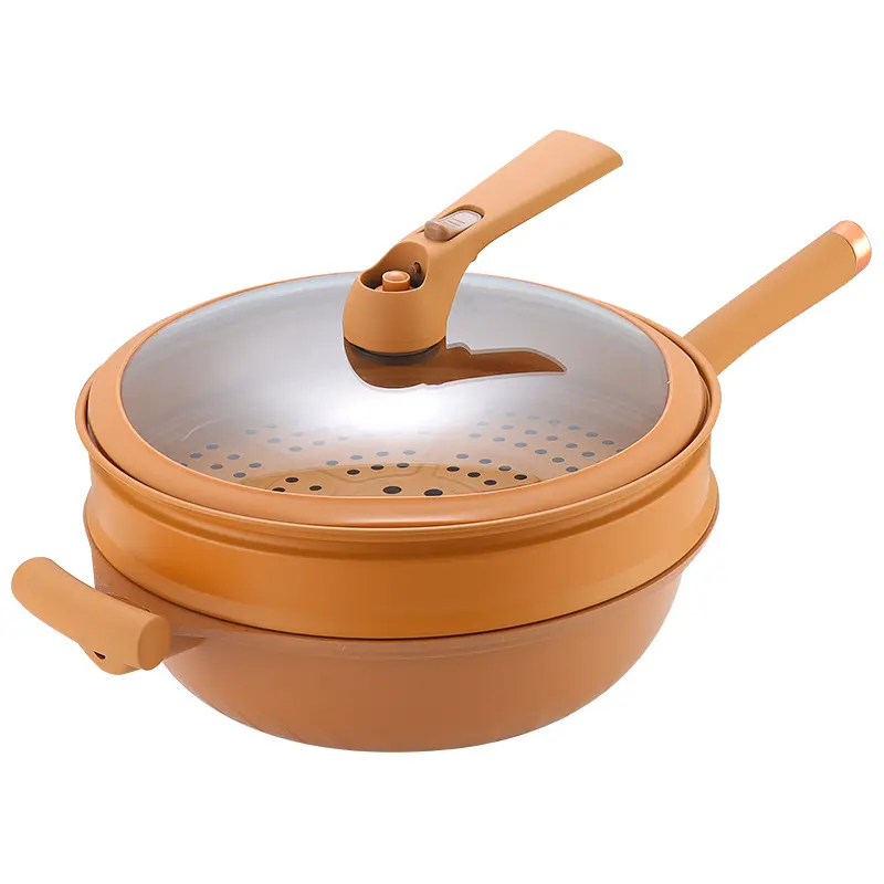 32cm Steam Pot Cast Aluminum Nonstick Coating Energy Saving Low Pressure Smokeless Cooking Wok with Steamer